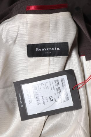 Мъжки костюм Benvenuto, Размер L, Цвят Кафяв, 60% вълна, 38% полиестер, 2% еластан, Цена 374,25 лв.