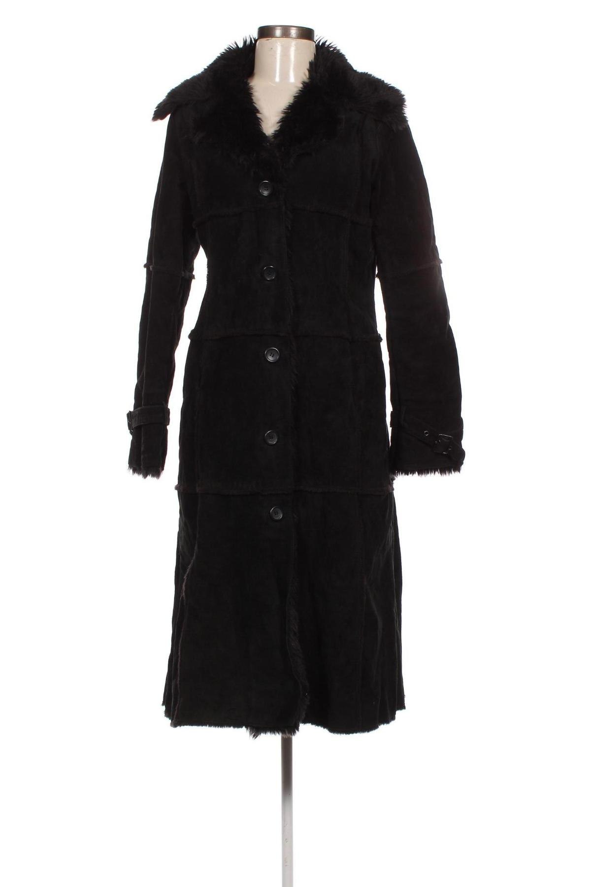 Дамско кожено палто H&M, Размер M, Цвят Черен, Цена 165,00 лв.