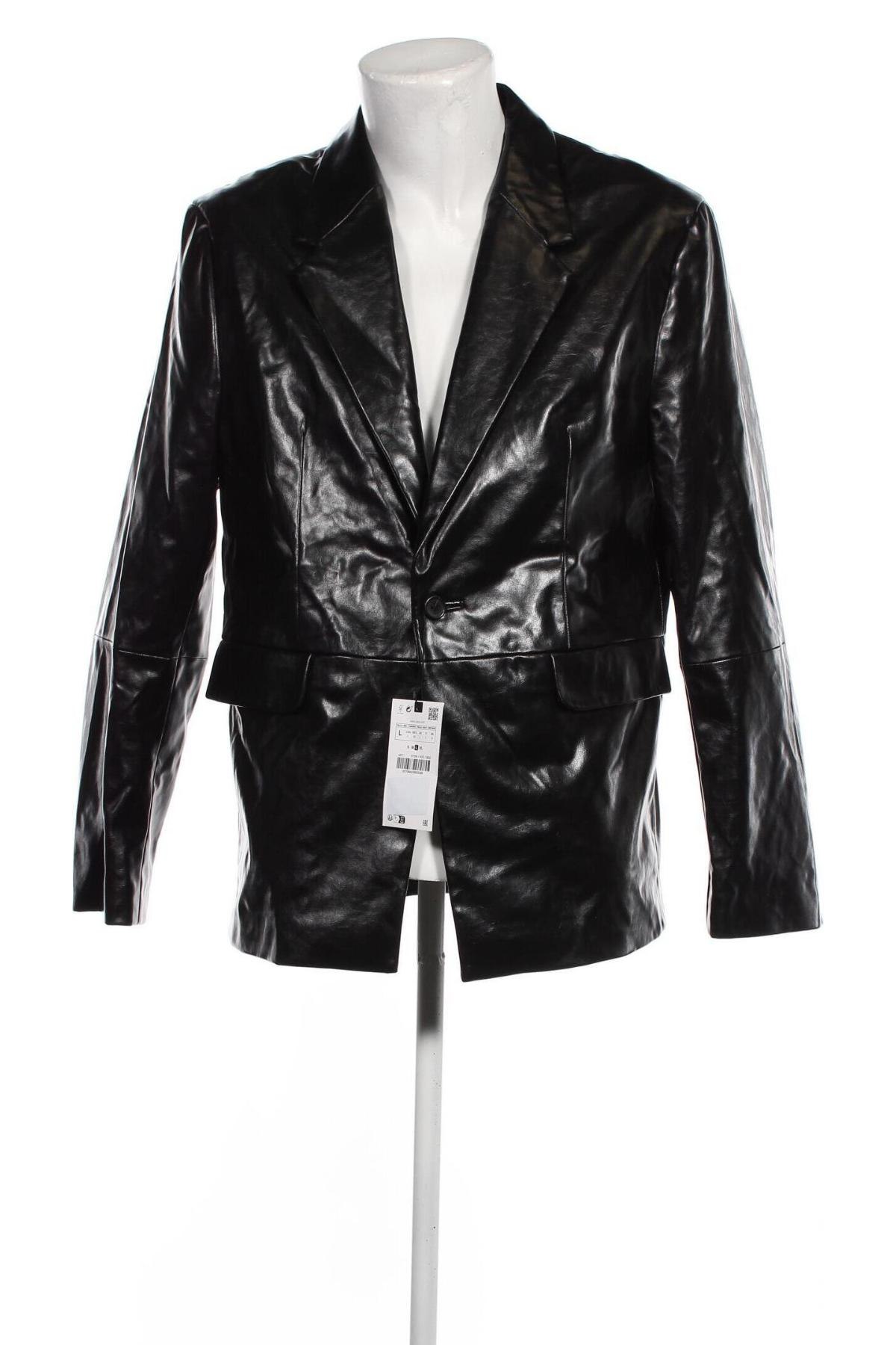 Мъжко кожено яке Zara, Размер L, Цвят Черен, Цена 82,00 лв.