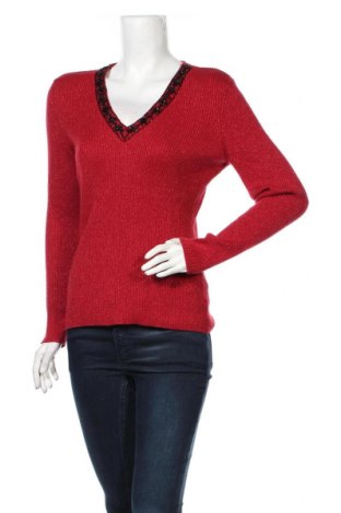 Дамски пуловер New York & Company, Размер L, Цвят Червен, 55% рамия, 31% памук, 9% полиестер, 5% метални нишки, Цена 25,20 лв.